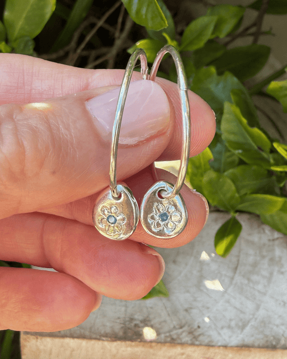 Flower Hoop Earrings with Medium Blue Sapphires - Sterling Silver - Kathy Sayce Jewellery