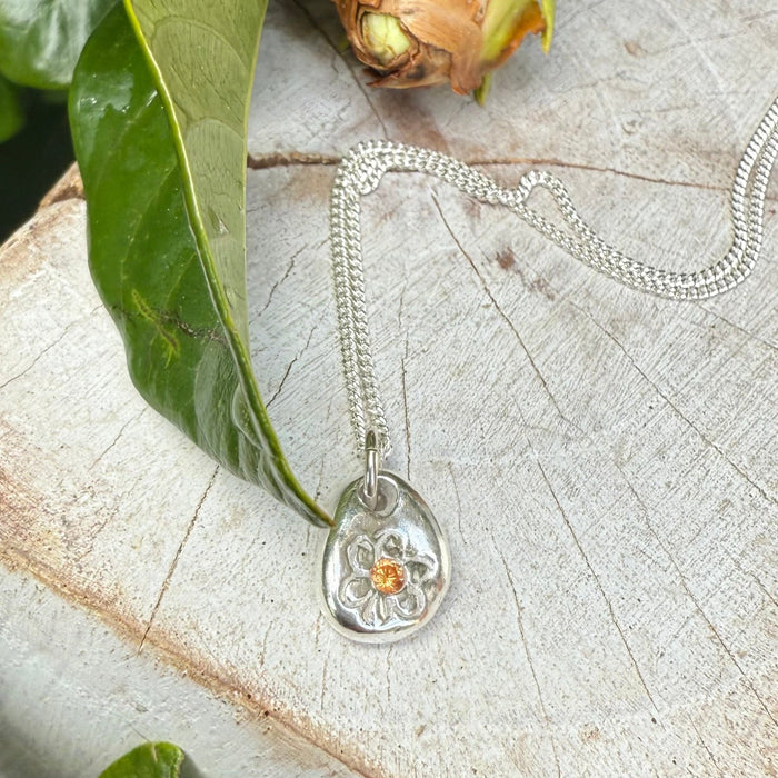 Flower Pendant with Orange Sapphire - Sterling Silver Chain - Kathy Sayce Jewellery