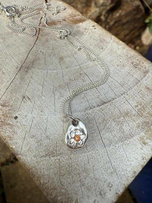 Flower Pendant with Orange Sapphire - Sterling Silver Chain - Kathy Sayce Jewellery