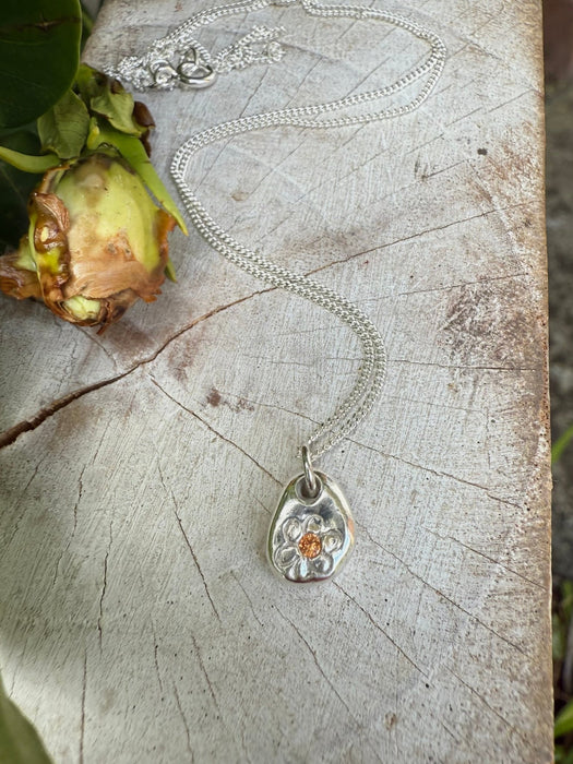 Flower Pendant with Orange Sapphire - Sterling Silver Chain - Kathy Sayce Jewellery