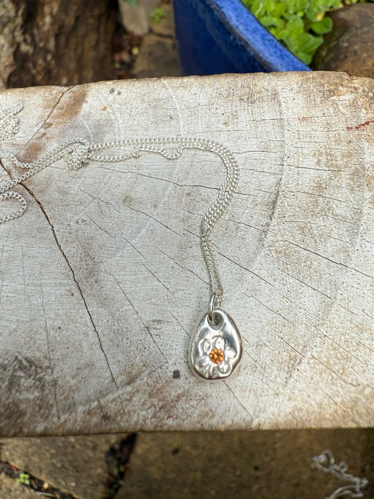 Flower Pendant with Orange Sapphire - Sterling Silver Chain - Kathy Sayce Jewellery