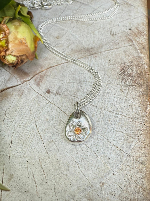 Flower Pendant with Orange Sapphire - Sterling Silver Chain - Kathy Sayce Jewellery