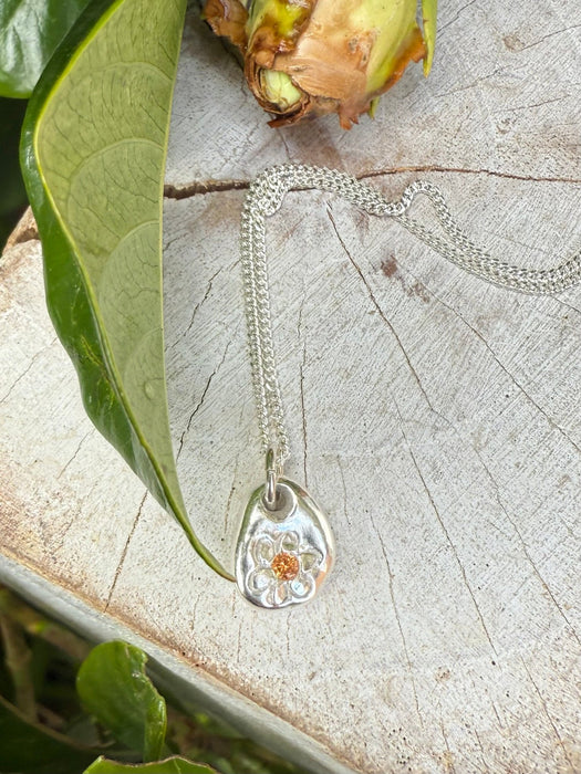 Flower Pendant with Orange Sapphire - Sterling Silver Chain - Kathy Sayce Jewellery