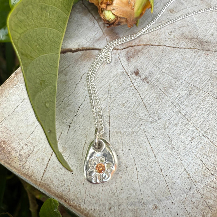 Flower Pendant with Orange Sapphire - Sterling Silver Chain - Kathy Sayce Jewellery