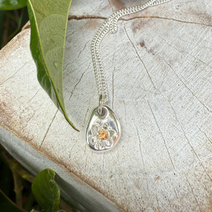 Flower Pendant with Orange Sapphire - Sterling Silver Chain - Kathy Sayce Jewellery