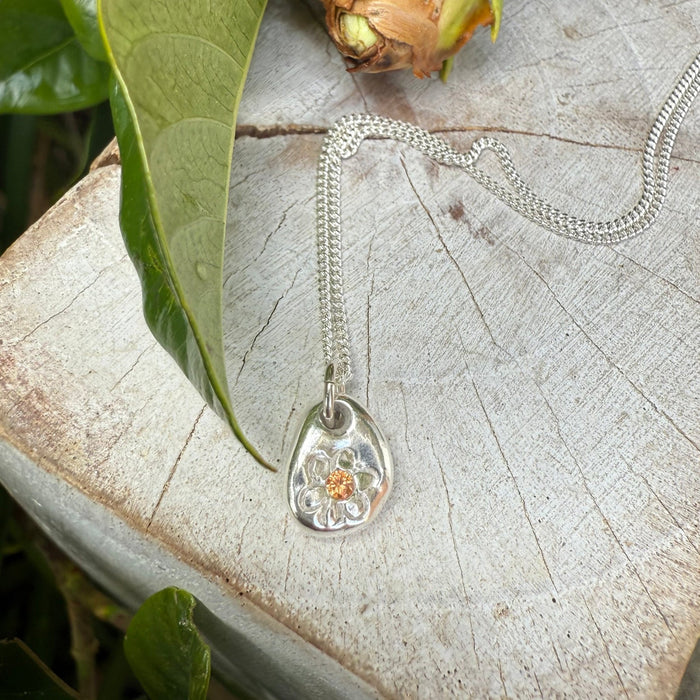 Flower Pendant with Orange Sapphire - Sterling Silver Chain - Kathy Sayce Jewellery