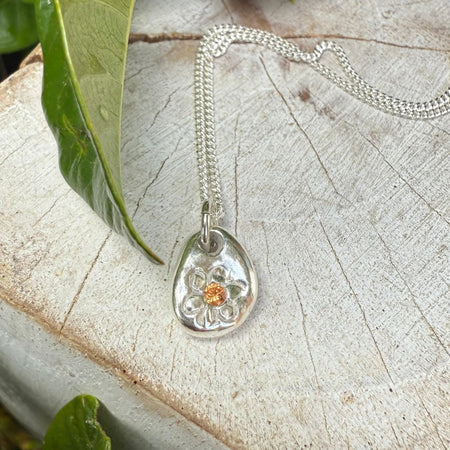 Flower Pendant with Orange Sapphire - Sterling Silver Chain - Kathy Sayce Jewellery