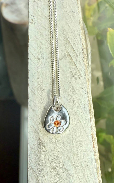 Flower Pendant with Orange Sapphire - Sterling Silver Chain - Kathy Sayce Jewellery