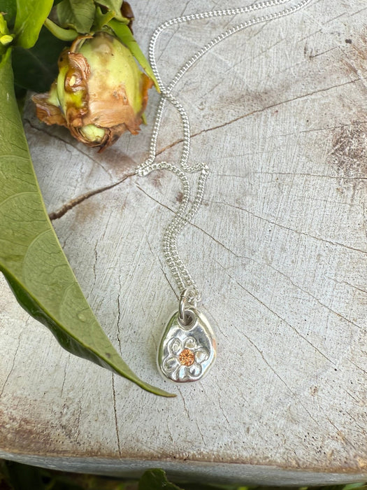 Flower Pendant with Orange Sapphire - Sterling Silver Chain - Kathy Sayce Jewellery