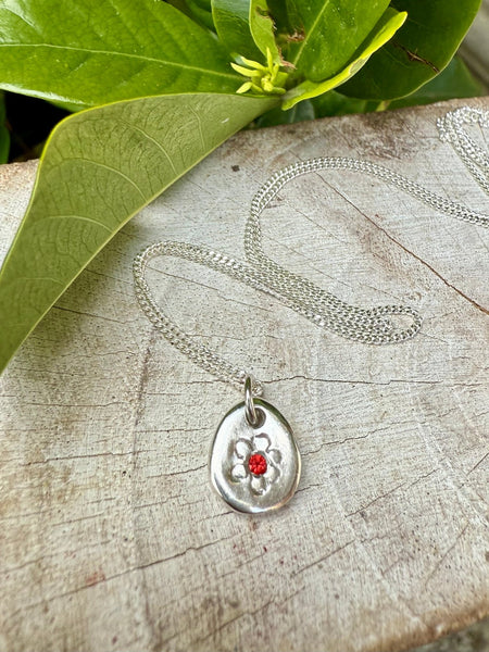 Flower Pendant with Red Sapphire - Sterling Silver Chain - Kathy Sayce Jewellery