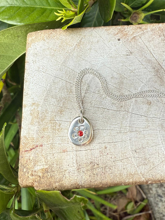 Flower Pendant with Red Sapphire - Sterling Silver Chain - Kathy Sayce Jewellery