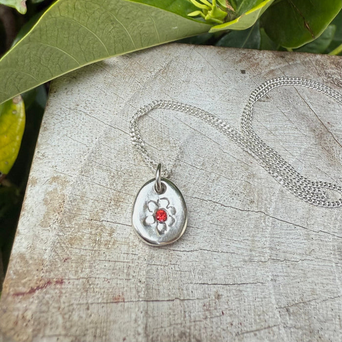 Flower Pendant with Red Sapphire - Sterling Silver Chain - Kathy Sayce Jewellery