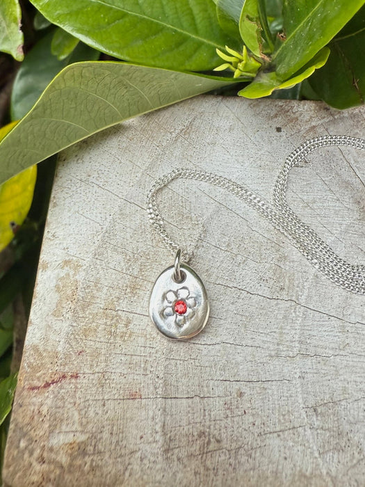 Flower Pendant with Red Sapphire - Sterling Silver Chain - Kathy Sayce Jewellery