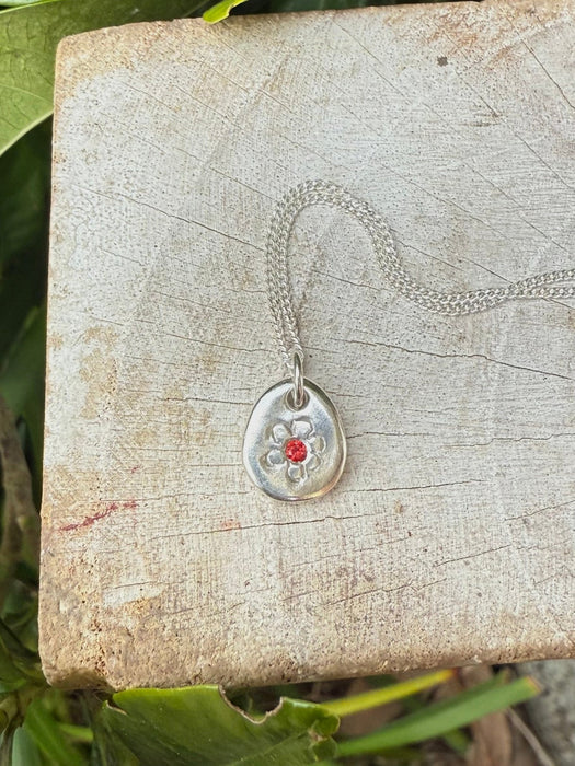 Flower Pendant with Red Sapphire - Sterling Silver Chain - Kathy Sayce Jewellery