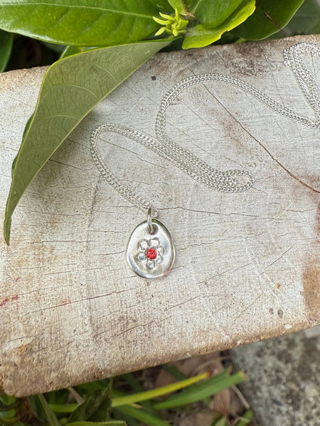 Flower Pendant with Red Sapphire - Sterling Silver Chain - Kathy Sayce Jewellery