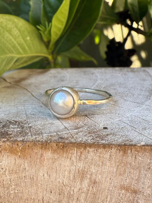 Freshwater Pearl Ring with Hammer Textured Silver Band - Kathy Sayce Jewellery