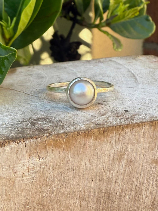Freshwater Pearl Ring with Hammer Textured Silver Band - Kathy Sayce Jewellery
