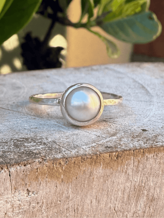 Freshwater Pearl Ring with Hammer Textured Silver Band - Kathy Sayce Jewellery