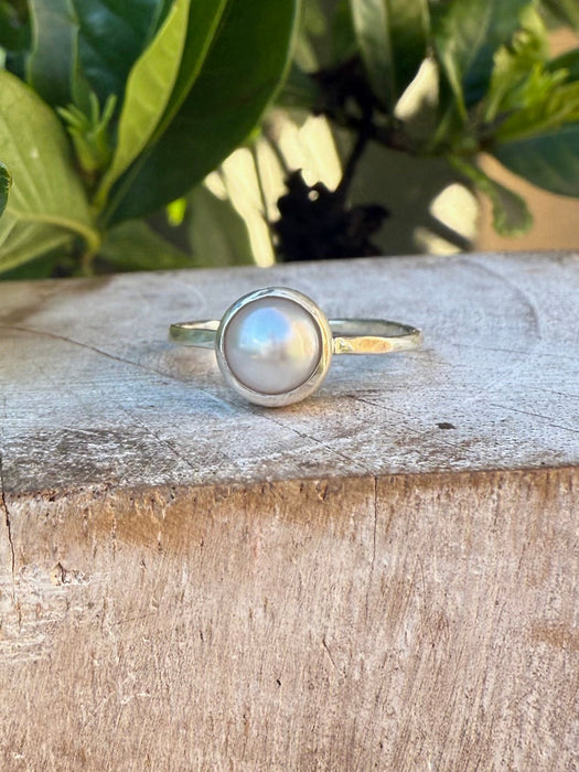 Freshwater Pearl Ring with Hammer Textured Silver Band - Kathy Sayce Jewellery