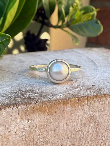 Freshwater Pearl Ring with Hammer Textured Silver Band - Kathy Sayce Jewellery