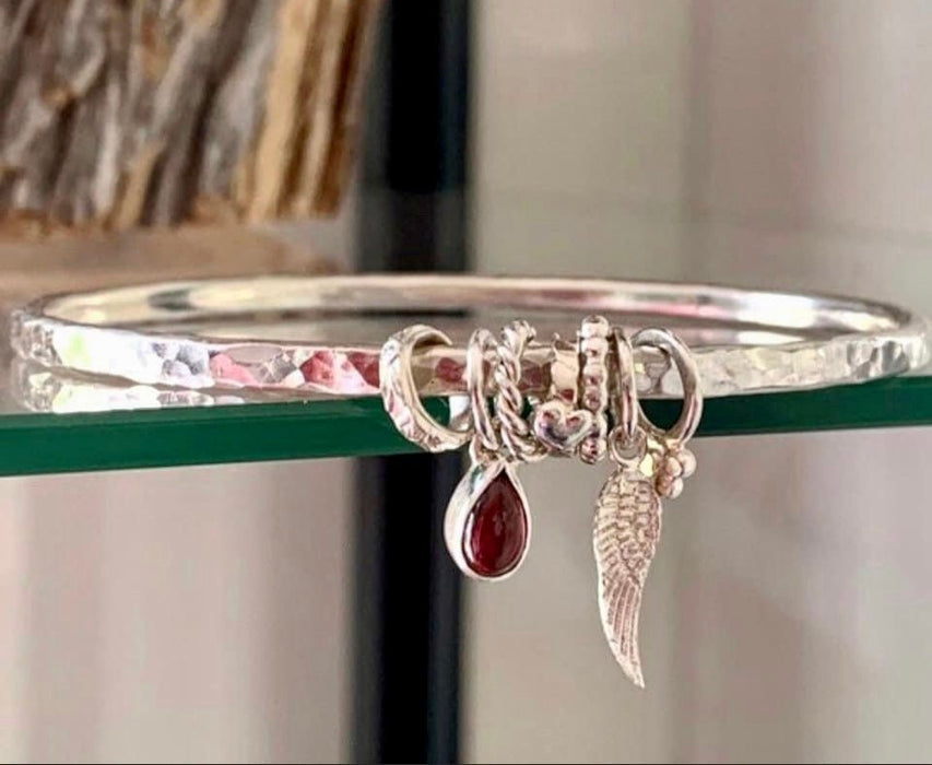 Gemstone Hearts and Angel Wing Charm Bangle – Personalised Sterling Silver Bracelet – Made to Order - Kathy Sayce Jewellery