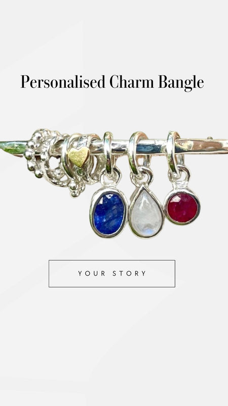 Gemstone Hearts and Angel Wing Charm Bangle – Personalised Sterling Silver Bracelet – Made to Order - Kathy Sayce Jewellery