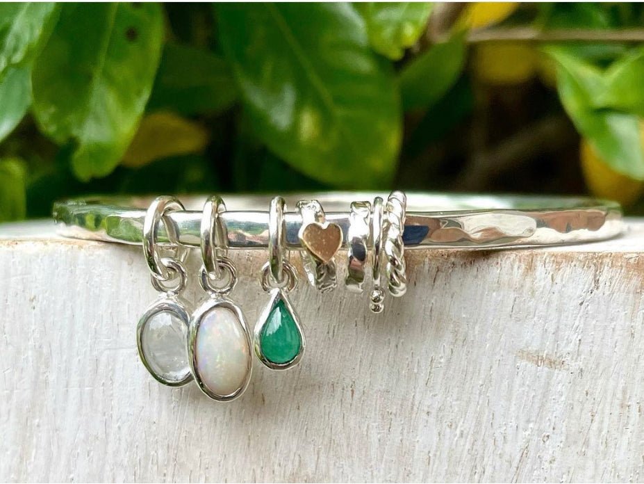 Gemstone Hearts and Angel Wing Charm Bangle – Personalised Sterling Silver Bracelet – Made to Order - Kathy Sayce Jewellery