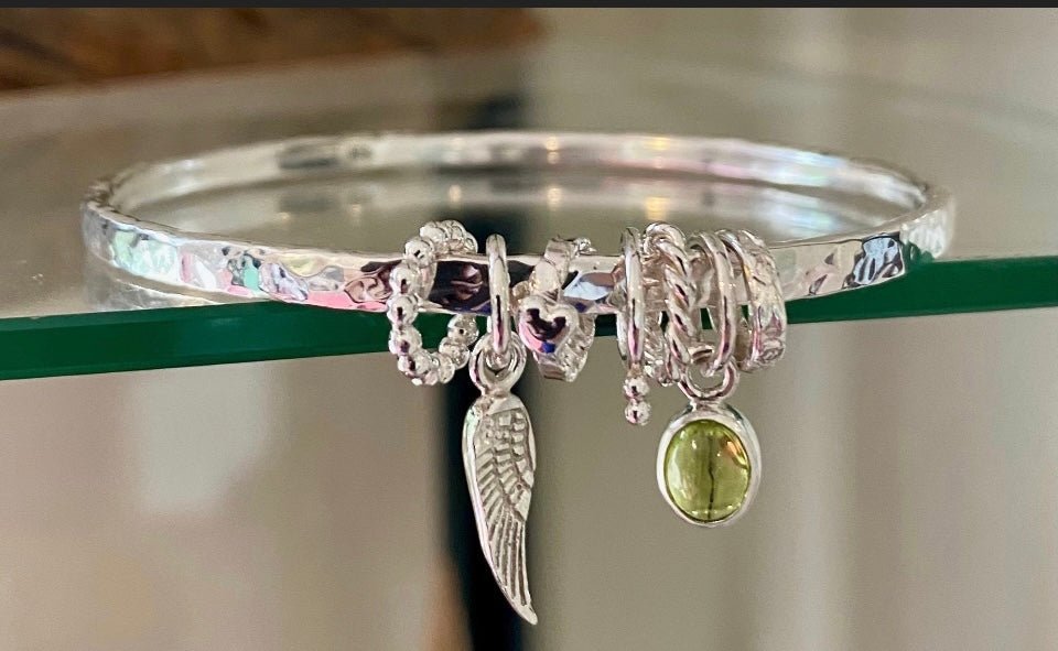 Gemstone Hearts and Angel Wing Charm Bangle – Personalised Sterling Silver Bracelet – Made to Order - Kathy Sayce Jewellery