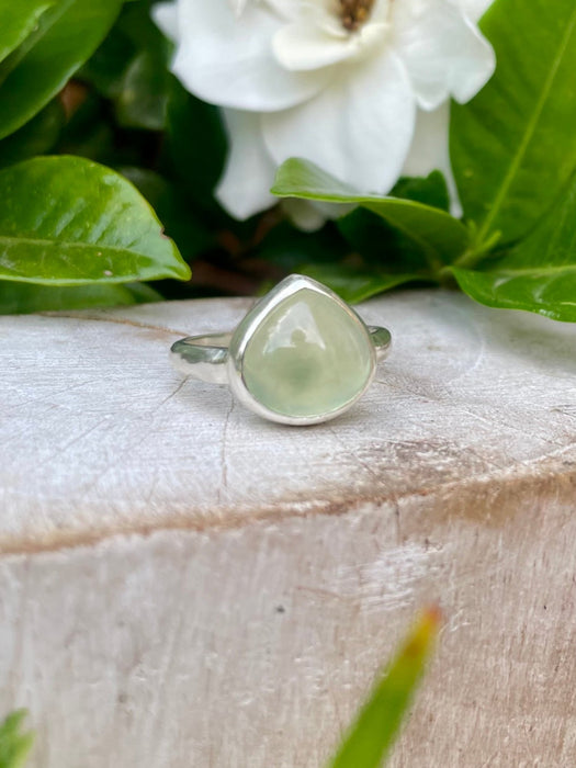 Green Prehnite Ring – Sterling Silver Hammered Band – Natural Gemstone Jewellery - Kathy Sayce Jewellery