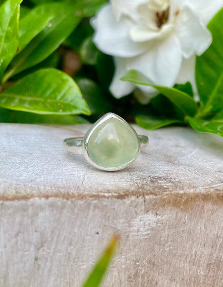 Green Prehnite Ring – Sterling Silver Hammered Band – Natural Gemstone Jewellery - Kathy Sayce Jewellery