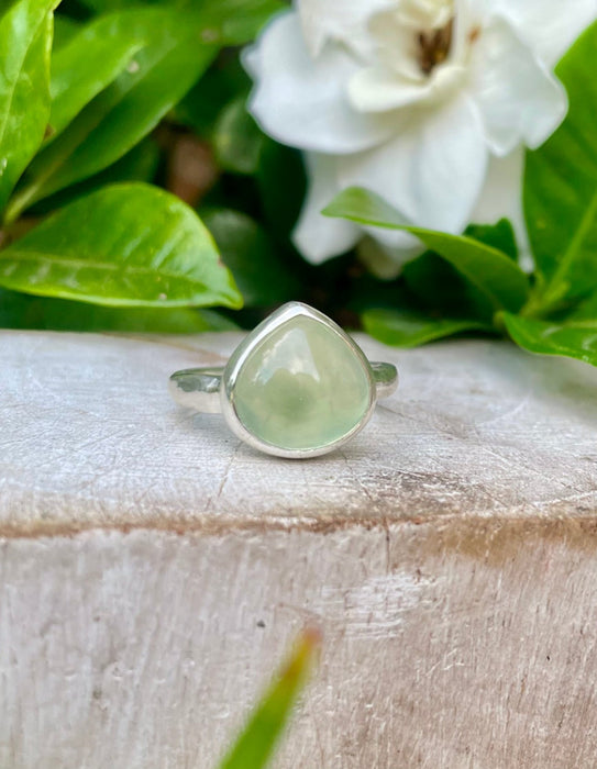 Green Prehnite Ring – Sterling Silver Hammered Band – Natural Gemstone Jewellery - Kathy Sayce Jewellery