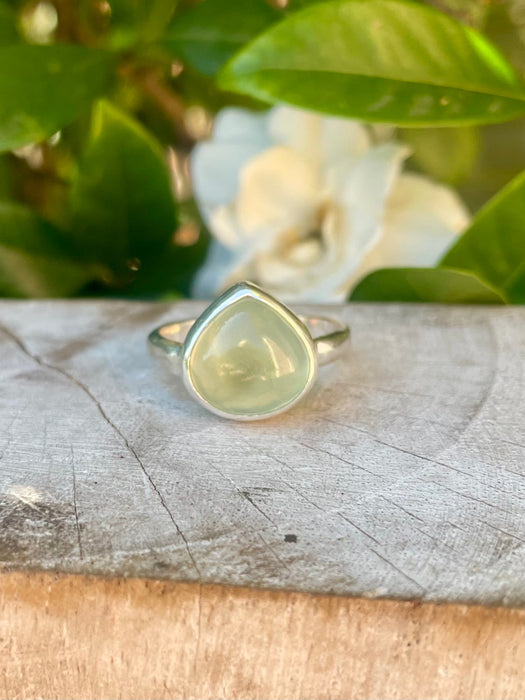 Green Prehnite Ring – Sterling Silver Hammered Band – Natural Gemstone Jewellery - Kathy Sayce Jewellery