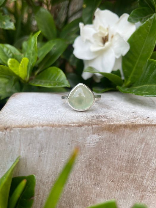 Green Prehnite Ring – Sterling Silver Hammered Band – Natural Gemstone Jewellery - Kathy Sayce Jewellery