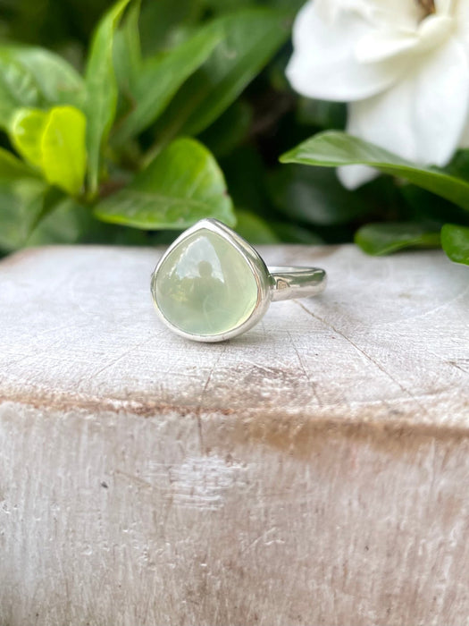 Green Prehnite Ring – Sterling Silver Hammered Band – Natural Gemstone Jewellery - Kathy Sayce Jewellery