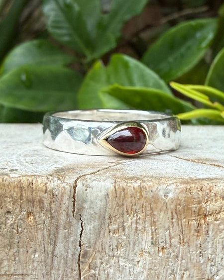 Hammered silver ring with Red Garnet set in 9ct yellow gold - Reserved - Kathy Sayce Jewellery