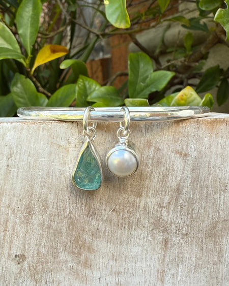 Handmade Sterling Silver Bangle - Raw Apatite and Freshwater Pearl Charms - Kathy Sayce Jewellery