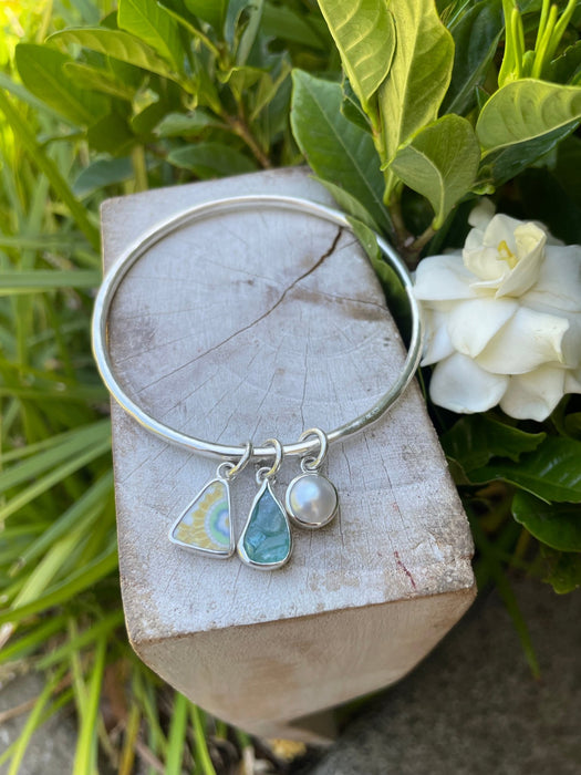 Handmade Sterling Silver Bangle - Raw Apatite, Upcycled Plate and Freshwater Pearl Charms - Kathy Sayce Jewellery