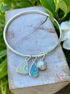 Handmade Sterling Silver Bangle - Raw Apatite, Upcycled Plate and Freshwater Pearl Charms - Kathy Sayce Jewellery