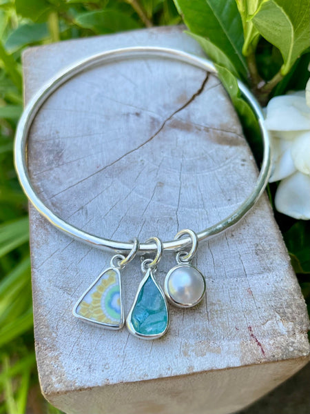 Handmade Sterling Silver Bangle - Raw Apatite, Upcycled Plate and Freshwater Pearl Charms - Kathy Sayce Jewellery