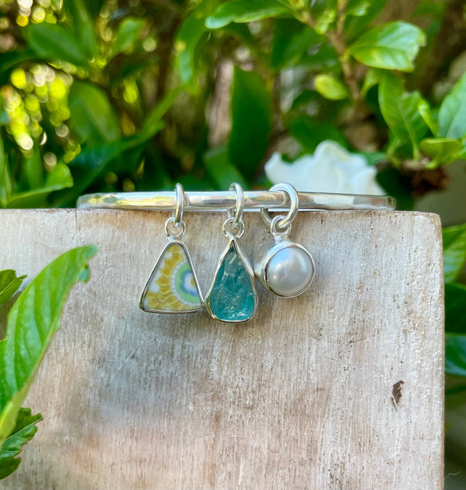 Handmade Sterling Silver Bangle - Raw Apatite, Upcycled Plate and Freshwater Pearl Charms - Kathy Sayce Jewellery