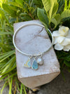 Handmade Sterling Silver Bangle - Raw Apatite, Upcycled Plate and Freshwater Pearl Charms - Kathy Sayce Jewellery