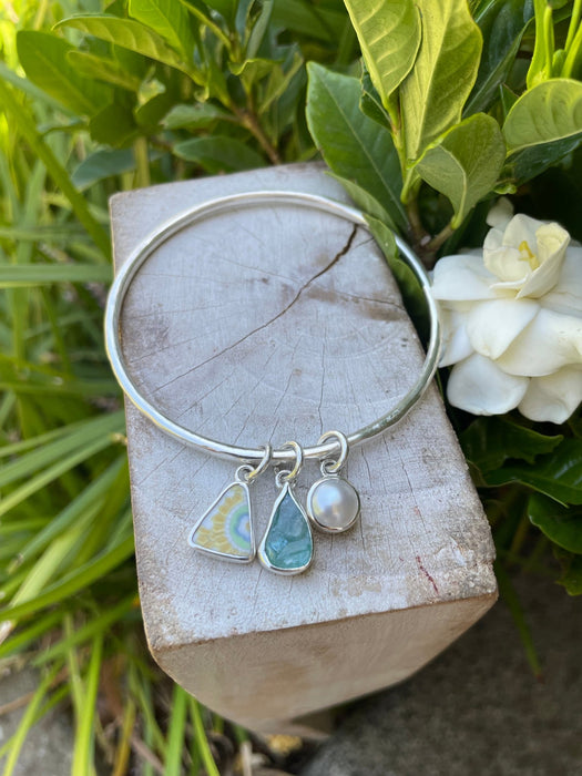 Handmade Sterling Silver Bangle - Raw Apatite, Upcycled Plate and Freshwater Pearl Charms - Kathy Sayce Jewellery