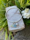 Handmade Sterling Silver Bangle - Raw Apatite, Upcycled Plate and Freshwater Pearl Charms - Kathy Sayce Jewellery
