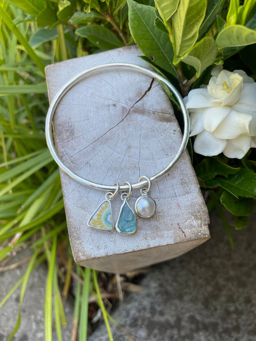 Handmade Sterling Silver Bangle - Raw Apatite, Upcycled Plate and Freshwater Pearl Charms - Kathy Sayce Jewellery