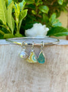 Handmade Sterling Silver Bangle - Raw Apatite, Upcycled Plate and Freshwater Pearl Charms - Kathy Sayce Jewellery