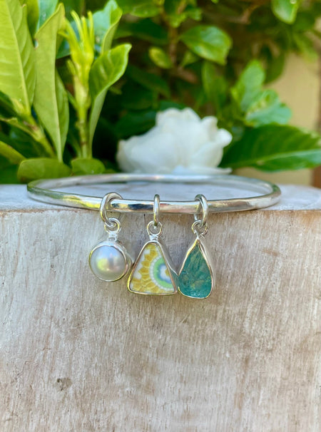 Handmade Sterling Silver Bangle - Raw Apatite, Upcycled Plate and Freshwater Pearl Charms - Kathy Sayce Jewellery