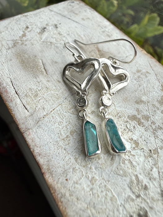 Heart Earrings with Raw Blue Apatite - Sterling Silver Heart Earrings - Kathy Sayce Jewellery