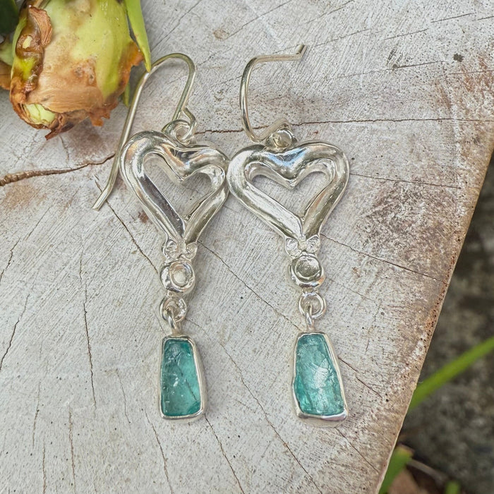 Heart Earrings with Raw Blue Apatite - Sterling Silver Heart Earrings - Kathy Sayce Jewellery