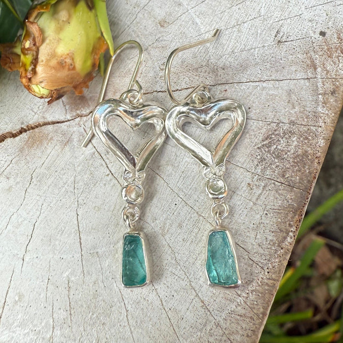Heart Earrings with Raw Blue Apatite - Sterling Silver Heart Earrings - Kathy Sayce Jewellery