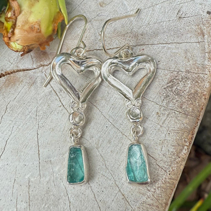 Heart Earrings with Raw Blue Apatite - Sterling Silver Heart Earrings - Kathy Sayce Jewellery